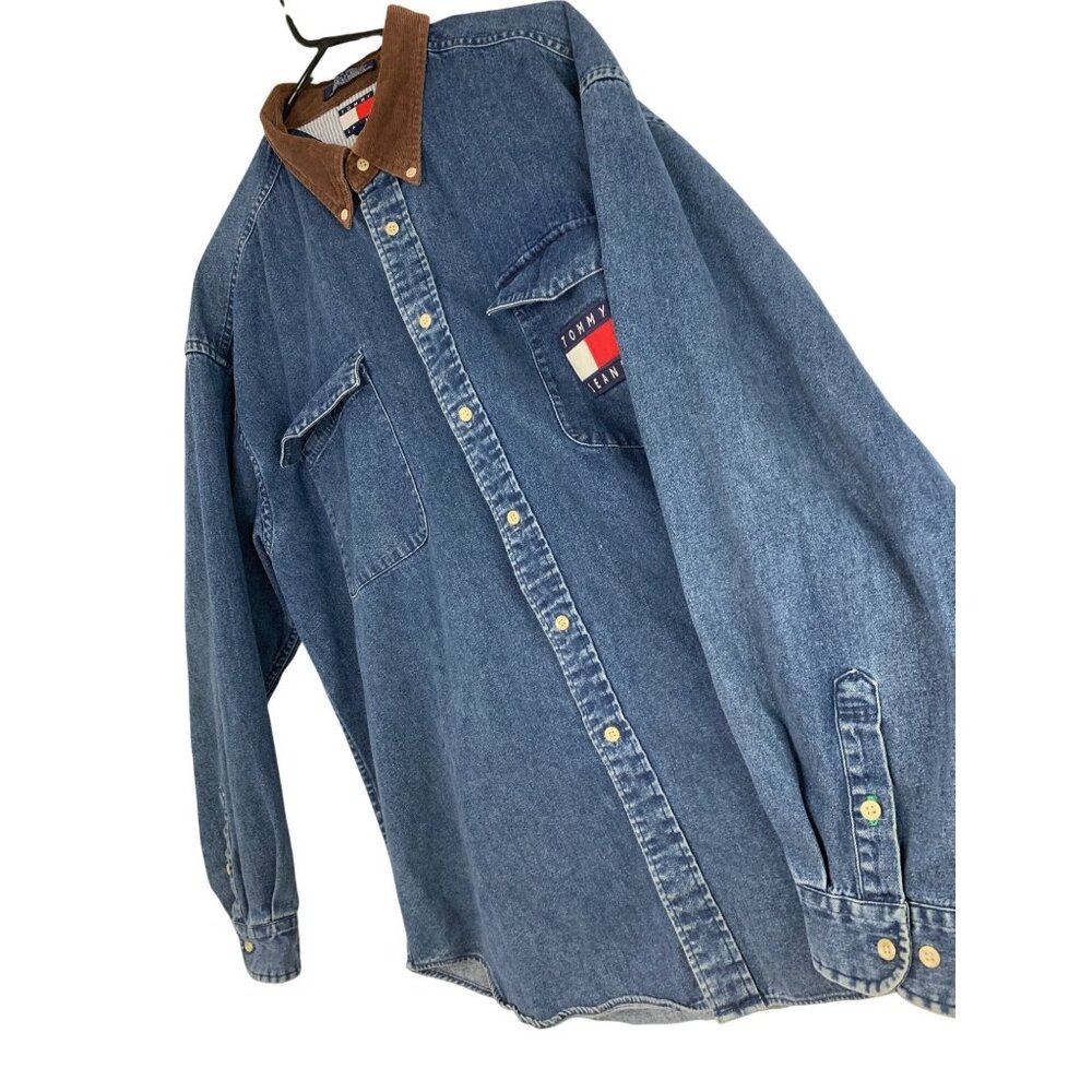 Vintage Y2K Tommy Jeans Denim Shirt Sz XL Corduroy Collar Logo Pocket RW10330
